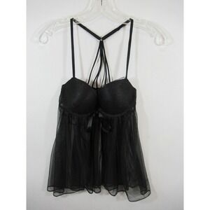 Victoria's Secret Mesh Babydoll Chemise 34C Black Underwire Push Up Ribbon Sexy